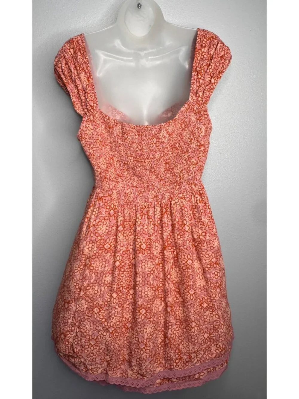 Free People Tabitha Babydoll Mini Dress Orange Pink SZ L Smocked Back Pockets - Picture 3 of 10